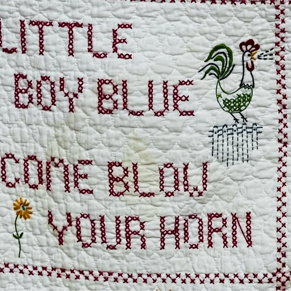 Vintage Nursery Rhyme Cross Stitch Baby Crib Quilt